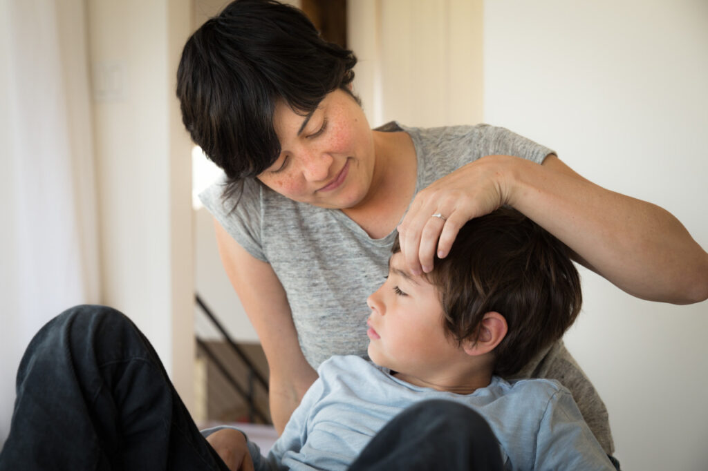 mom bonding with son family home session sf bay area