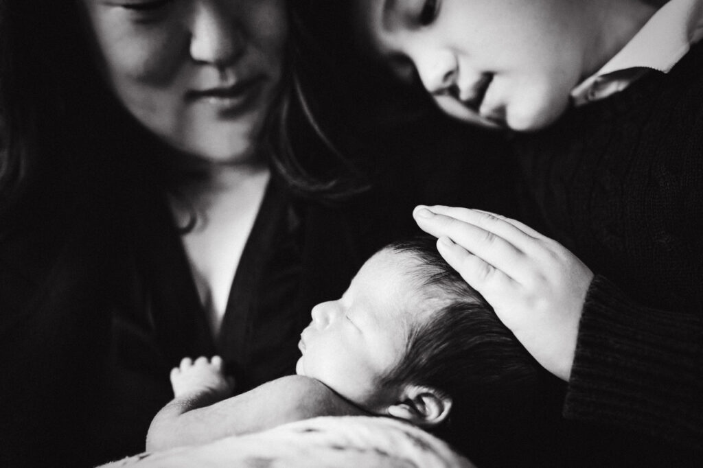 mother and son bonding with baby brother newborn session sf bay area menlo park