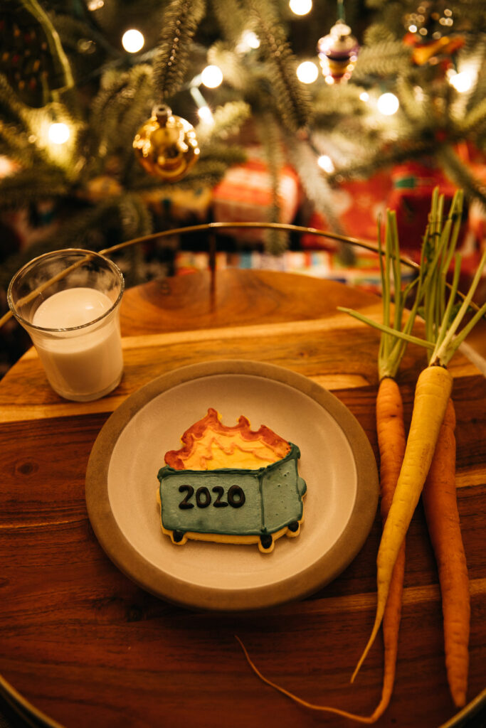 dumpster fire cookie and milk for santa