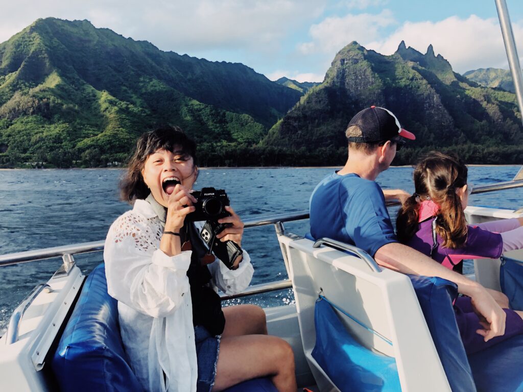 silly photo of photographer on boat tour