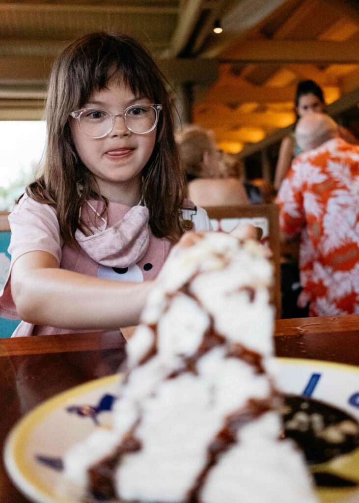girl about to dig in on duke's hula pie in kauai