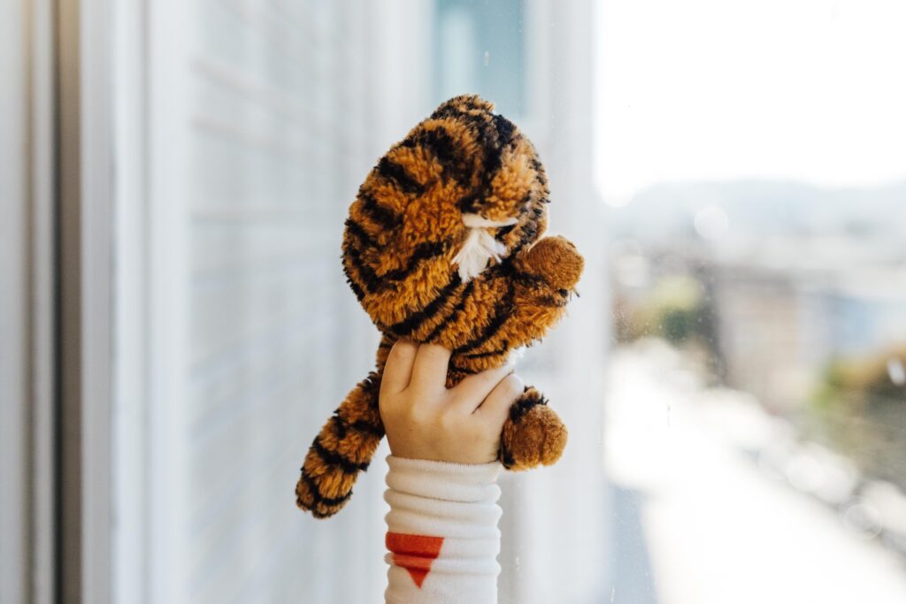 girl lifting her favorite stuffed animal in the window of a victorian building in san francisco