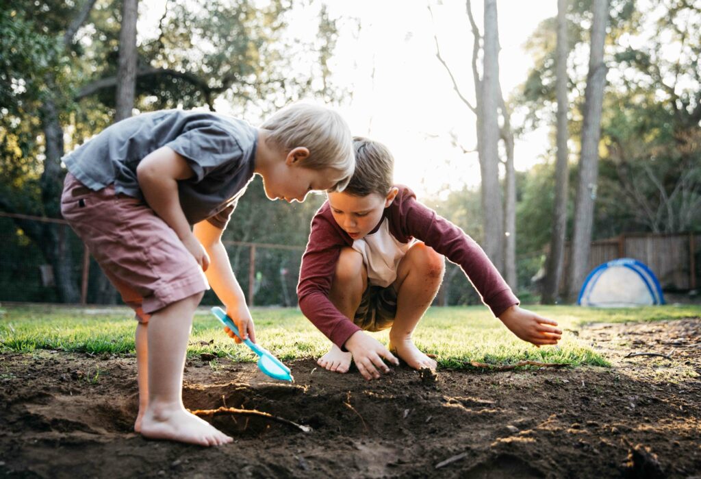 sibling boys digging in the backyard