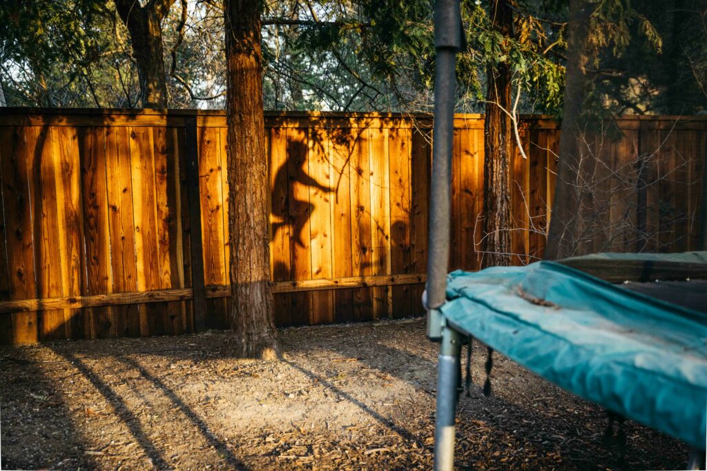 silhouette of young boys on the fence from a trampoline in the backyard.