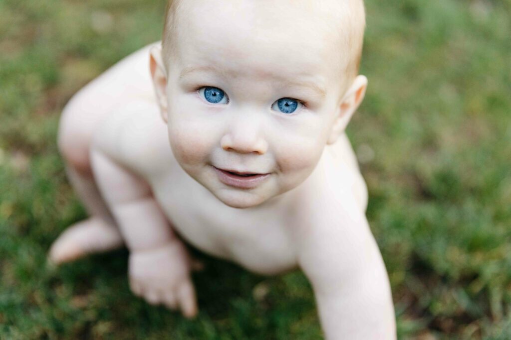 young baby boy crawling in the backyard grass