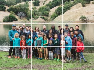 Large group photo of families at Lake Sonoma with rule of thirds grid