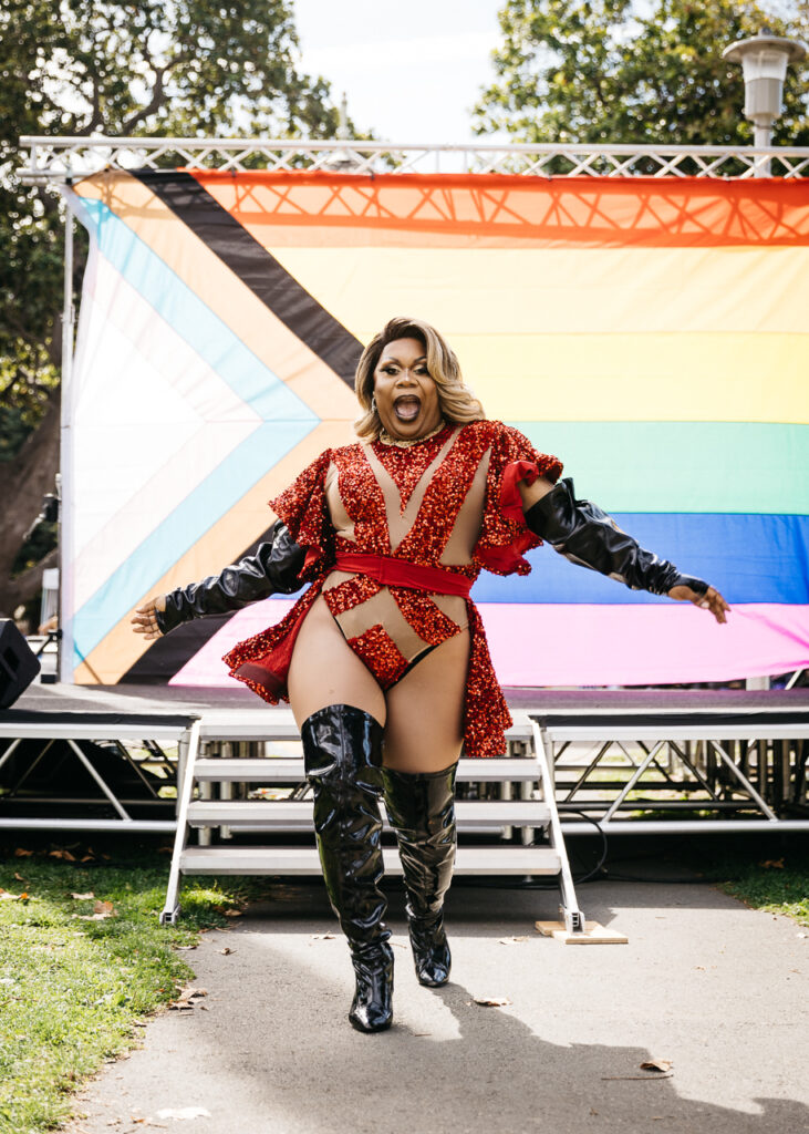 Drag diva being fabulous at Alameda Pride performance