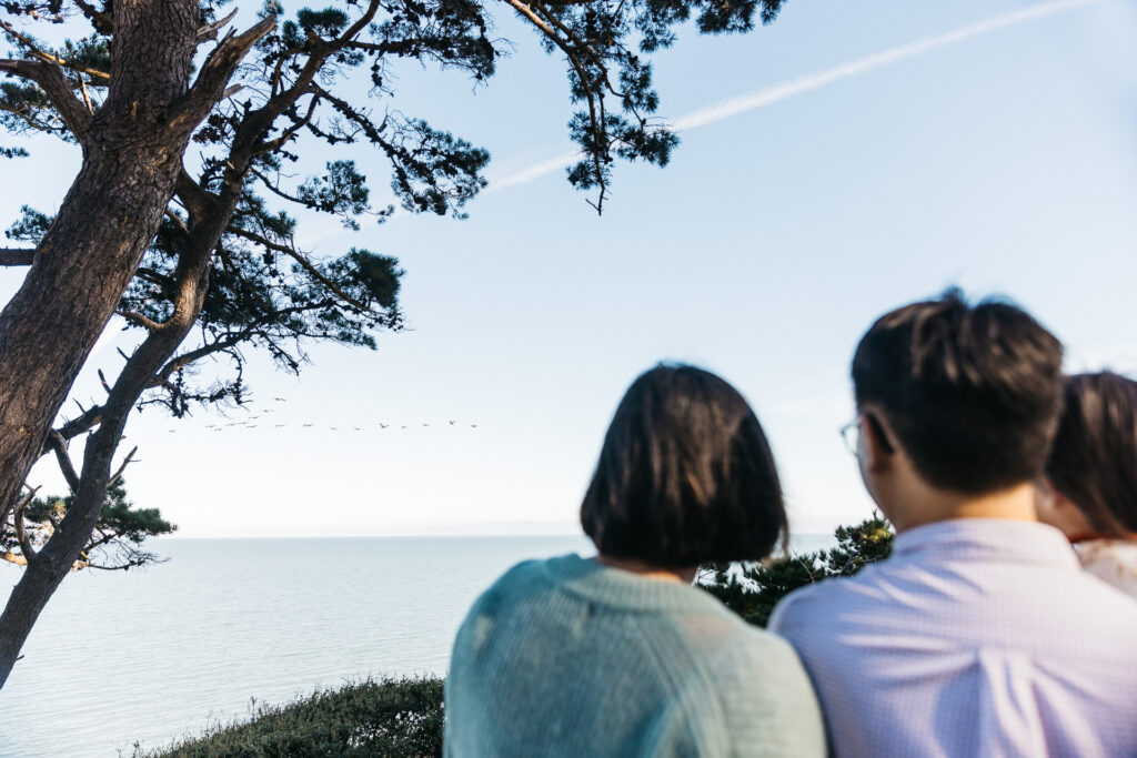 Family watches a flock of birds flying in the sky.