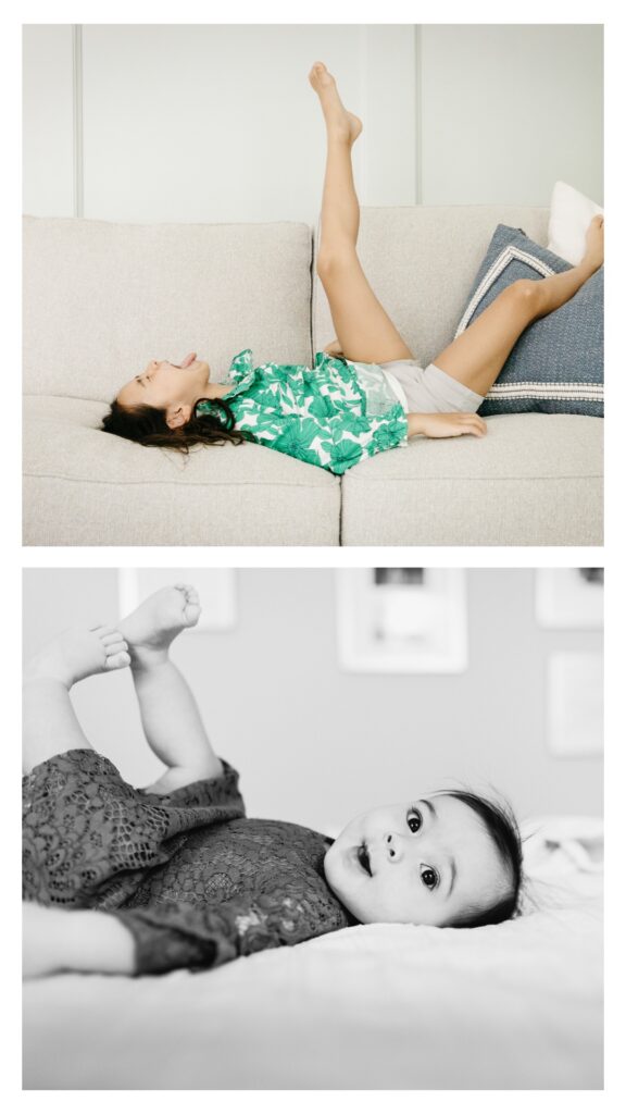 Toddler girl is kicking her feet in the air as she lays down through the years.