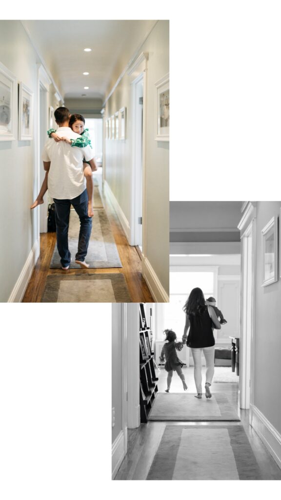 Parents carrying their children down the same hallway through the years.