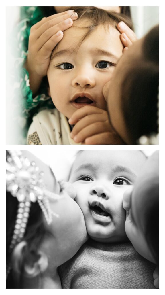 Sisters kissing their baby brothers through the years.