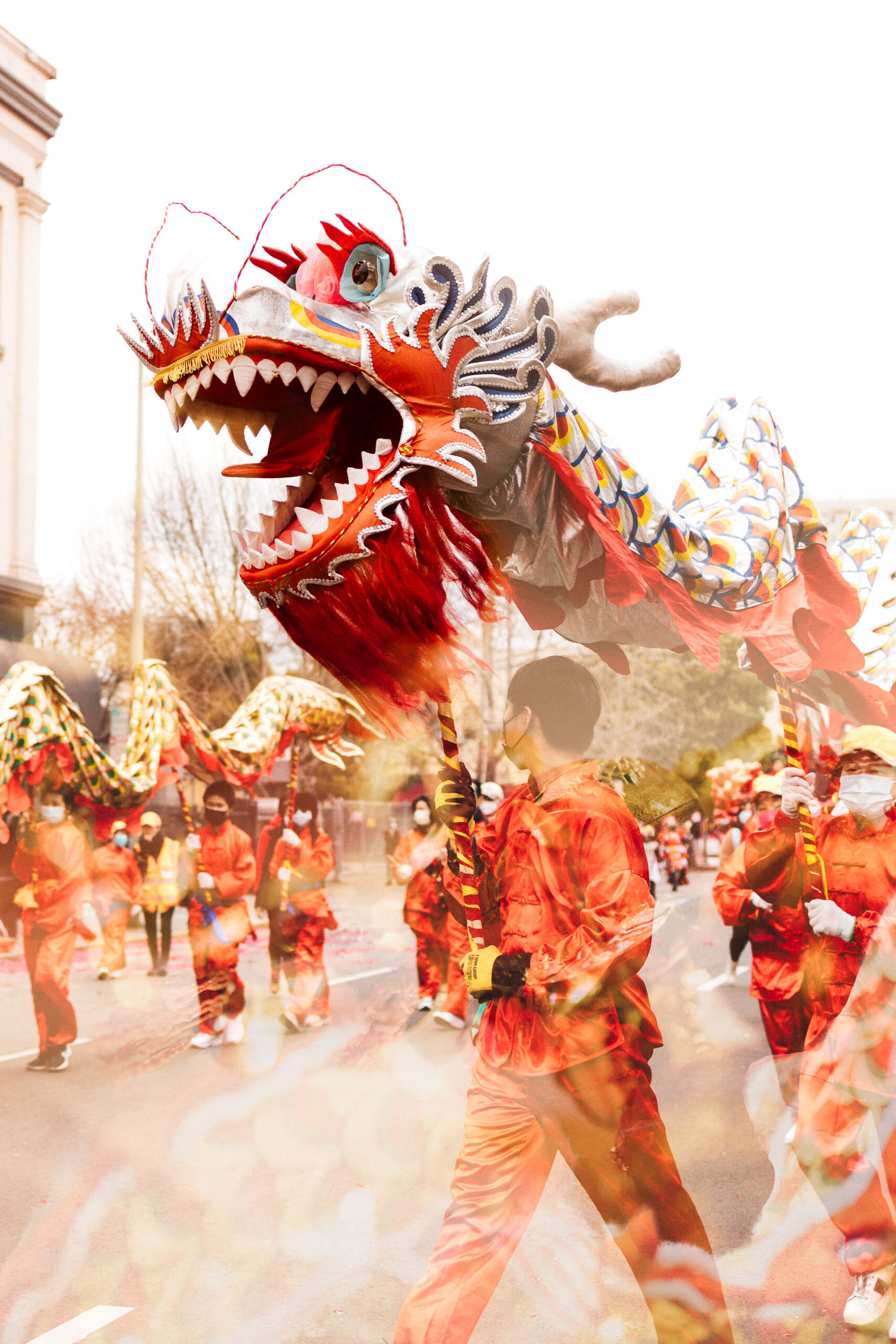 Dragon dancers in the oakland chinatown new year parade.