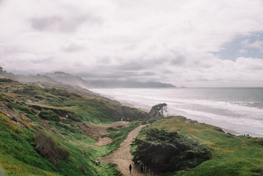 Fort Funston shoreline on a cloudy day.