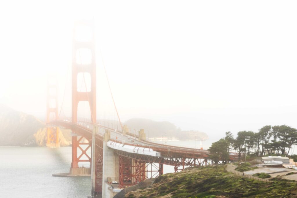 Scenic view of the Golden Gate Bridge on a foggy morning.