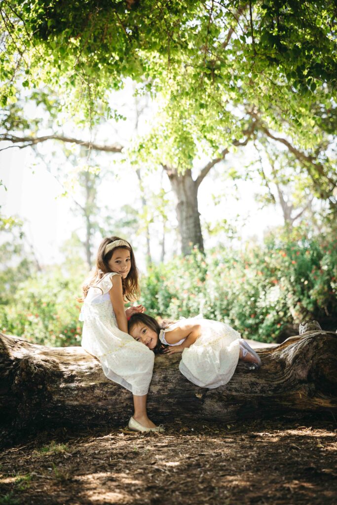 Sisters are sitting on a fallen tree branch at Blue Heron Lake.