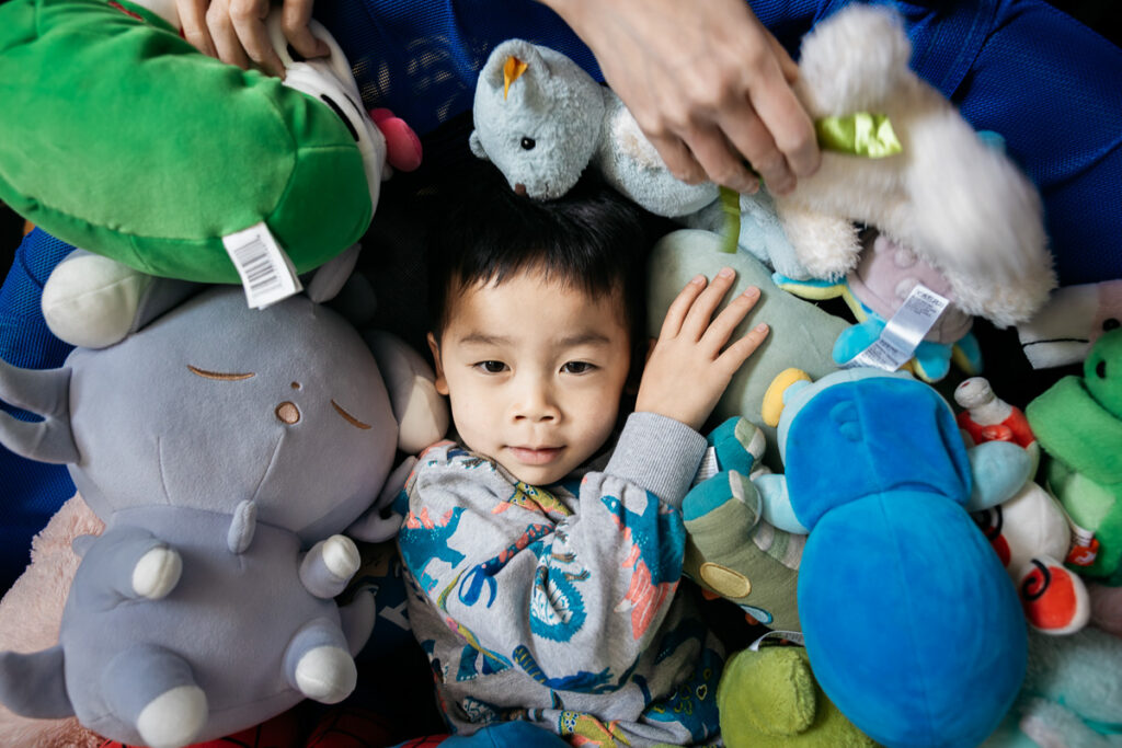 Toddler boy is surrounding by all his favorite stuffed animals during a family photo session with Carmen Dunham.